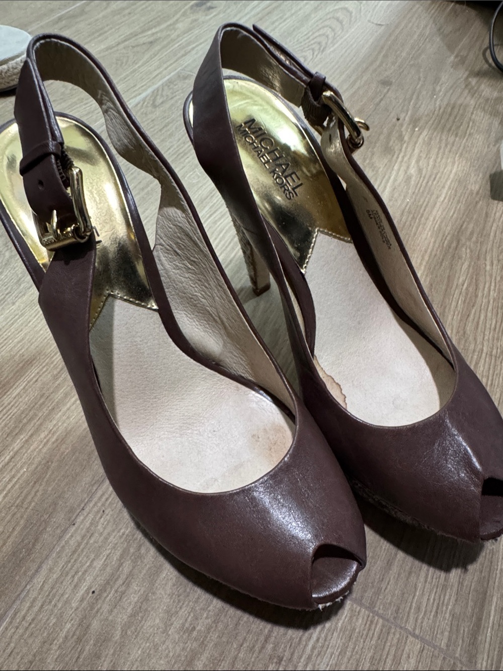 MICHAEL Michael Kors Brown Peep-Toe Slingback Heels with Gold Buckle